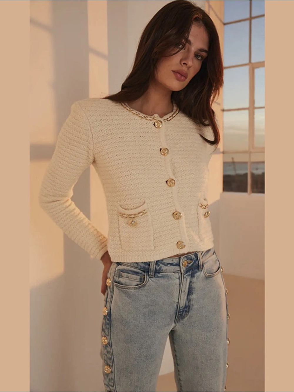 $345 GENERATIONAL LOVE Cream Kelly Chain Boucle Knit Cardigan, Size MEDIUM